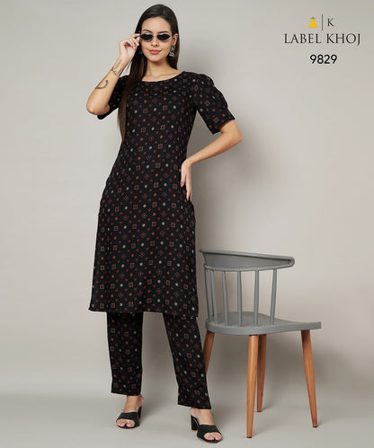 Design 12125 Label Khoj Viscose Rayon Kurti Pant Set Exporter