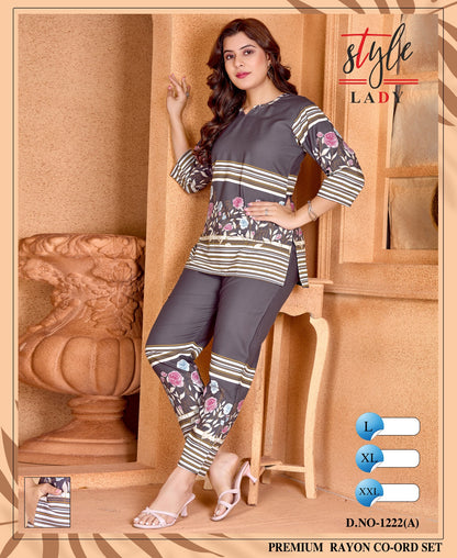 Design 1222 A Ladys Rayon Co Ord Set Wholesale Rate