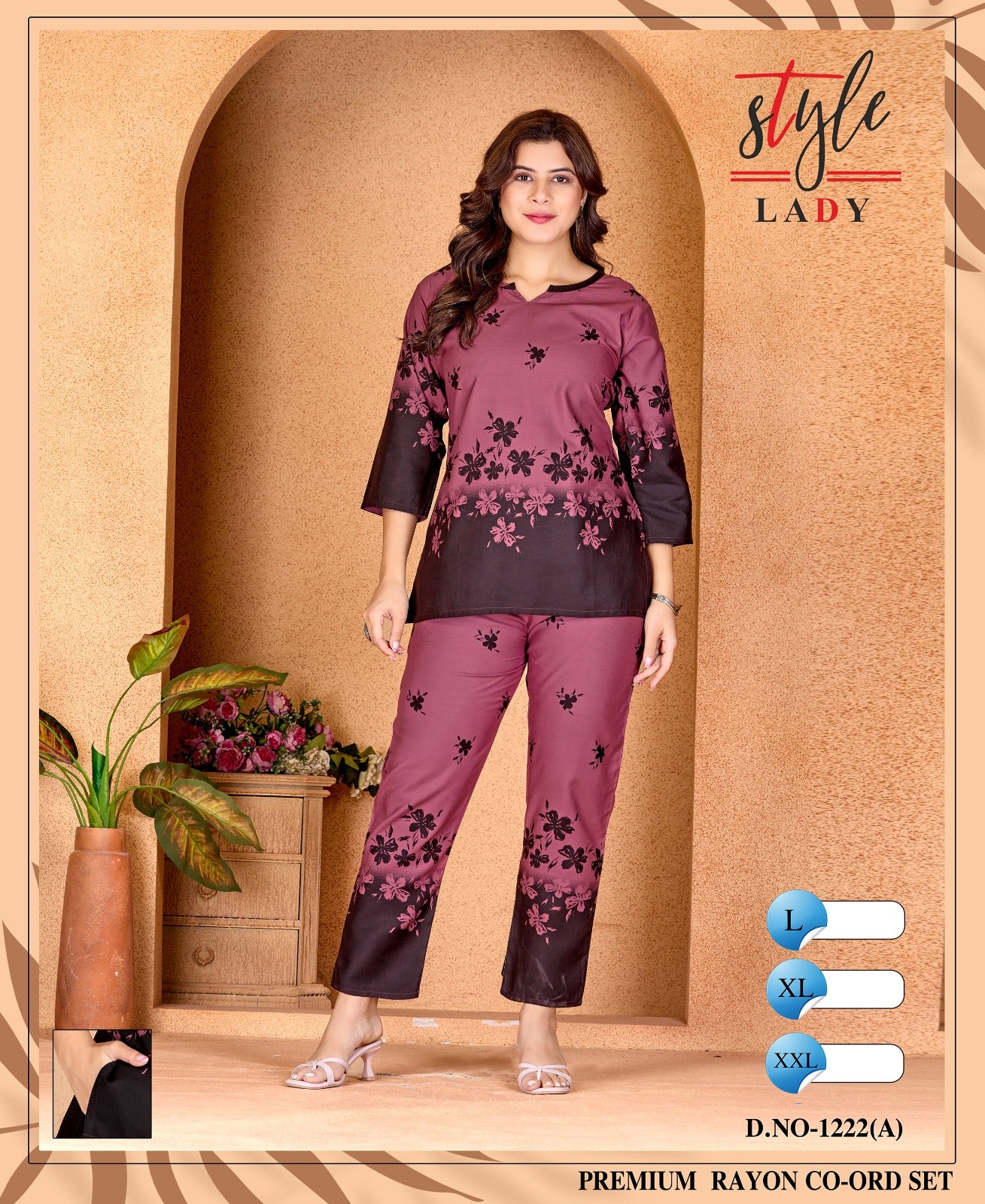 Design 1222 A Ladys Rayon Co Ord Set Wholesale Rate