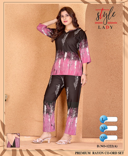 Design 1222 A Ladys Rayon Co Ord Set Wholesale Rate