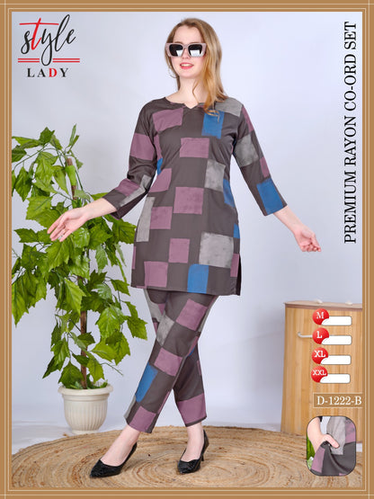 Design 1222 B Ladys Rayon Co Ord Set Wholesaler India