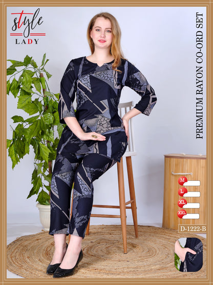 Design 1222 B Ladys Rayon Co Ord Set Wholesaler India