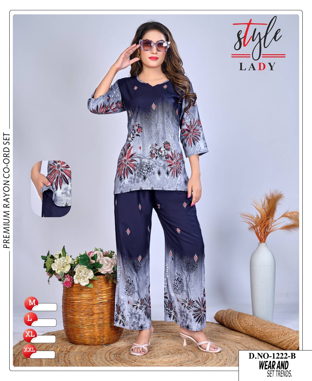 Design 1222 B Plus 1011 Ladys Rayon Co Ord Set Manufacturer India