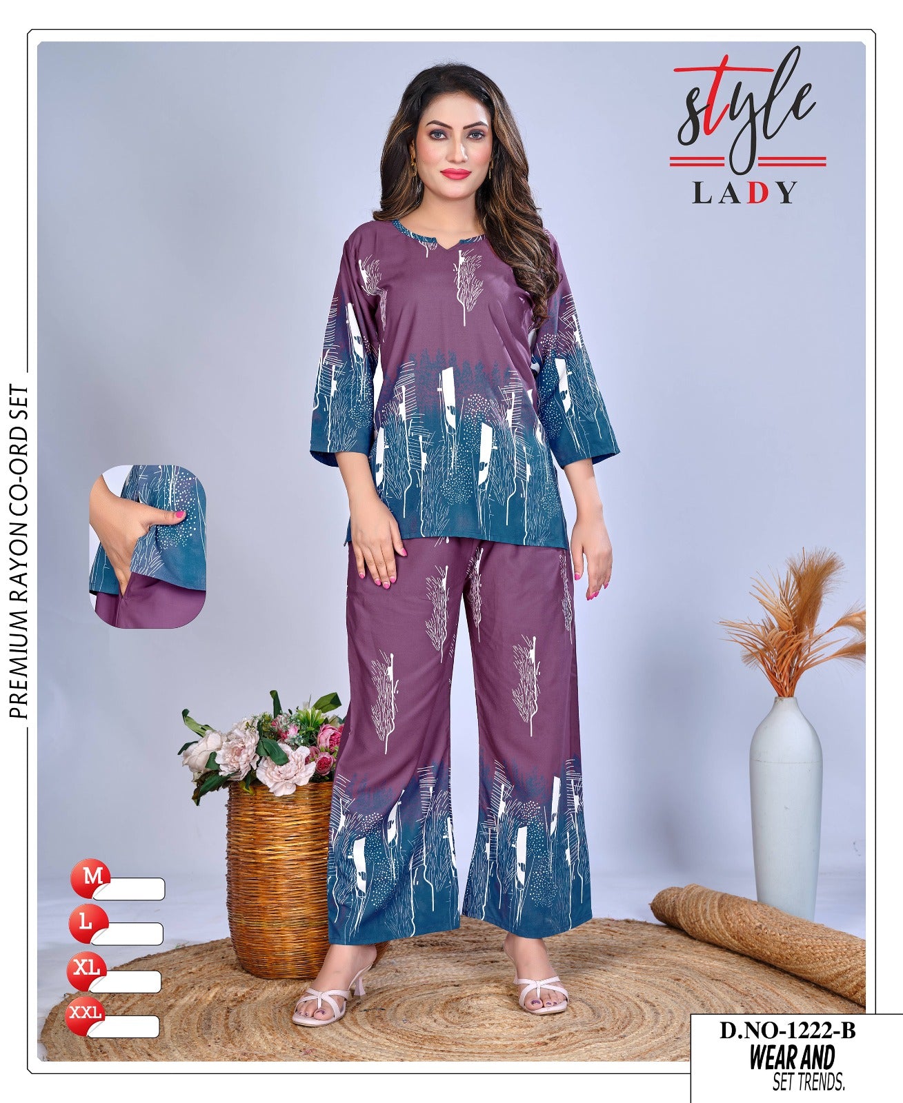 Design 1222 B Plus 1011 Ladys Rayon Co Ord Set Manufacturer India