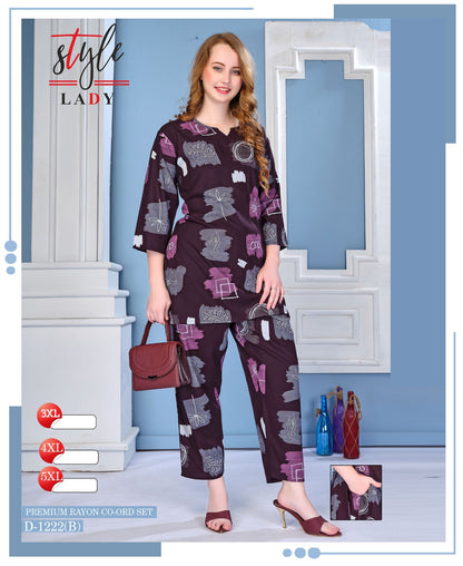 Design 1222 Plus Size Ladys Rayon Co Ord Set Exporter India