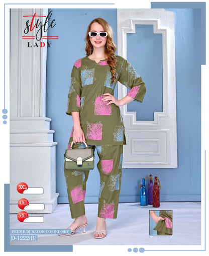Design 1222 Plus Size Ladys Rayon Co Ord Set Exporter India