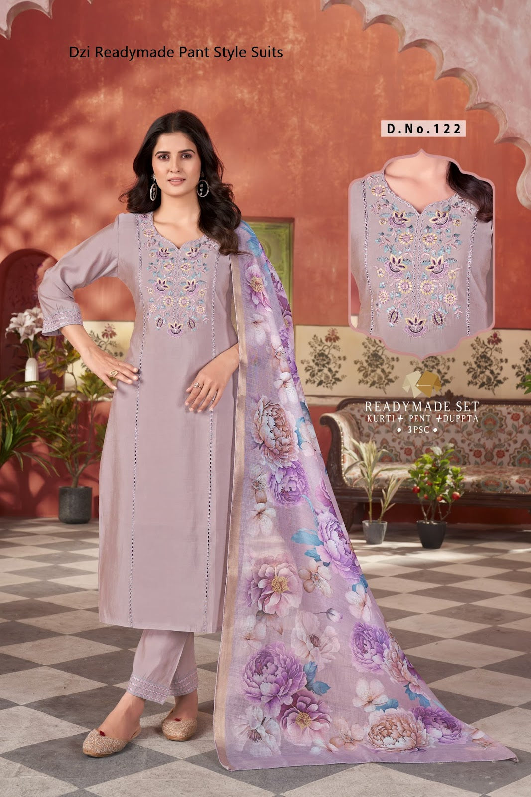 Design 122 Dzi Roman Silk Readymade Pant Style Suits Wholesale Rate