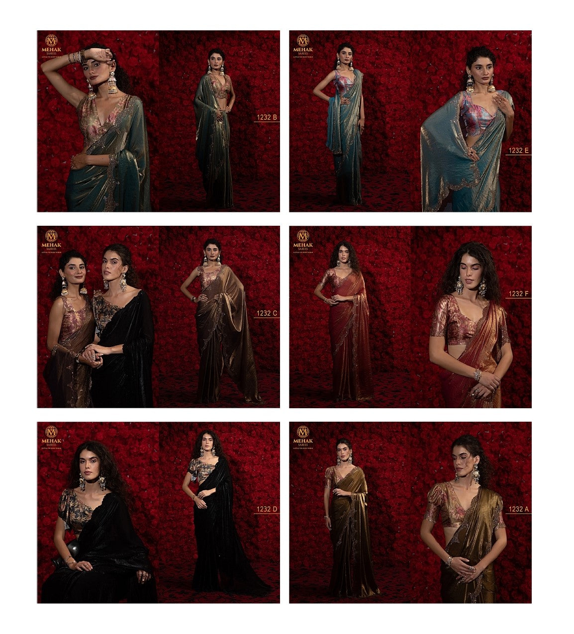 Design 1232A To 1232F Mehak Satin Silk Sarees Exporter India