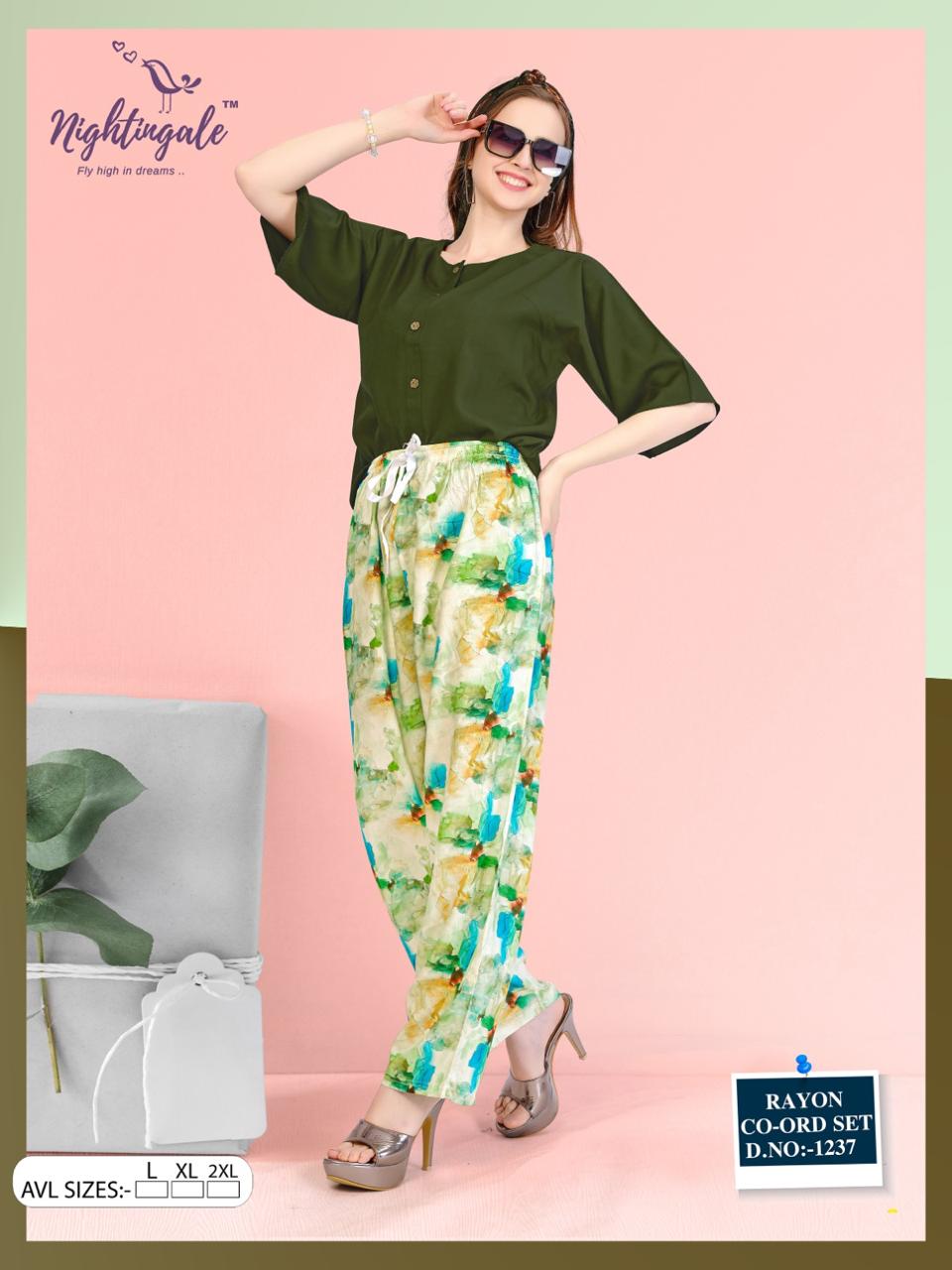 Design 1237 Nightingale Rayon Co Ord Set Wholesaler Ahmedabad