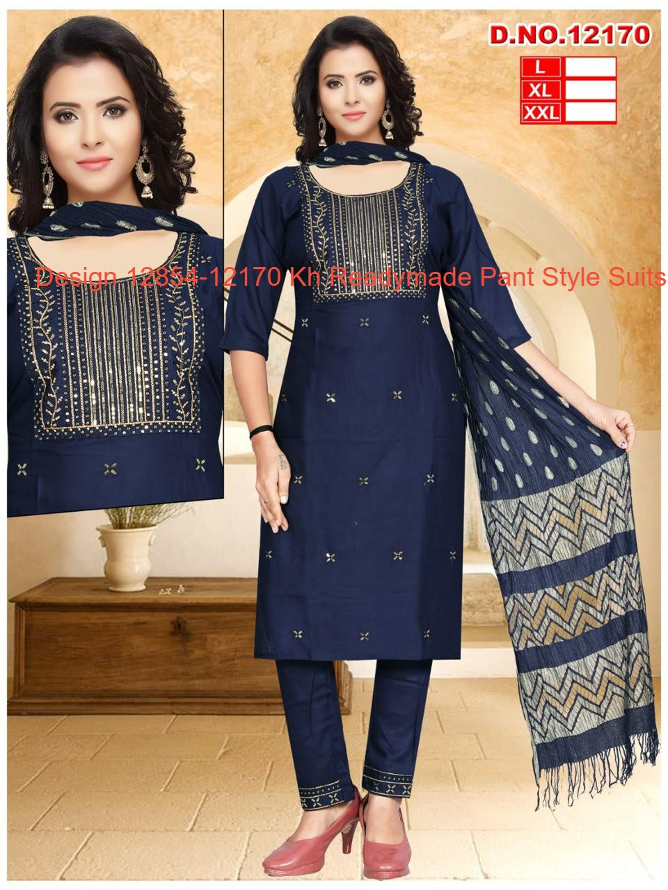 Design 12854-12170 Kh Rayon Readymade Pant Style Suits Wholesale Price