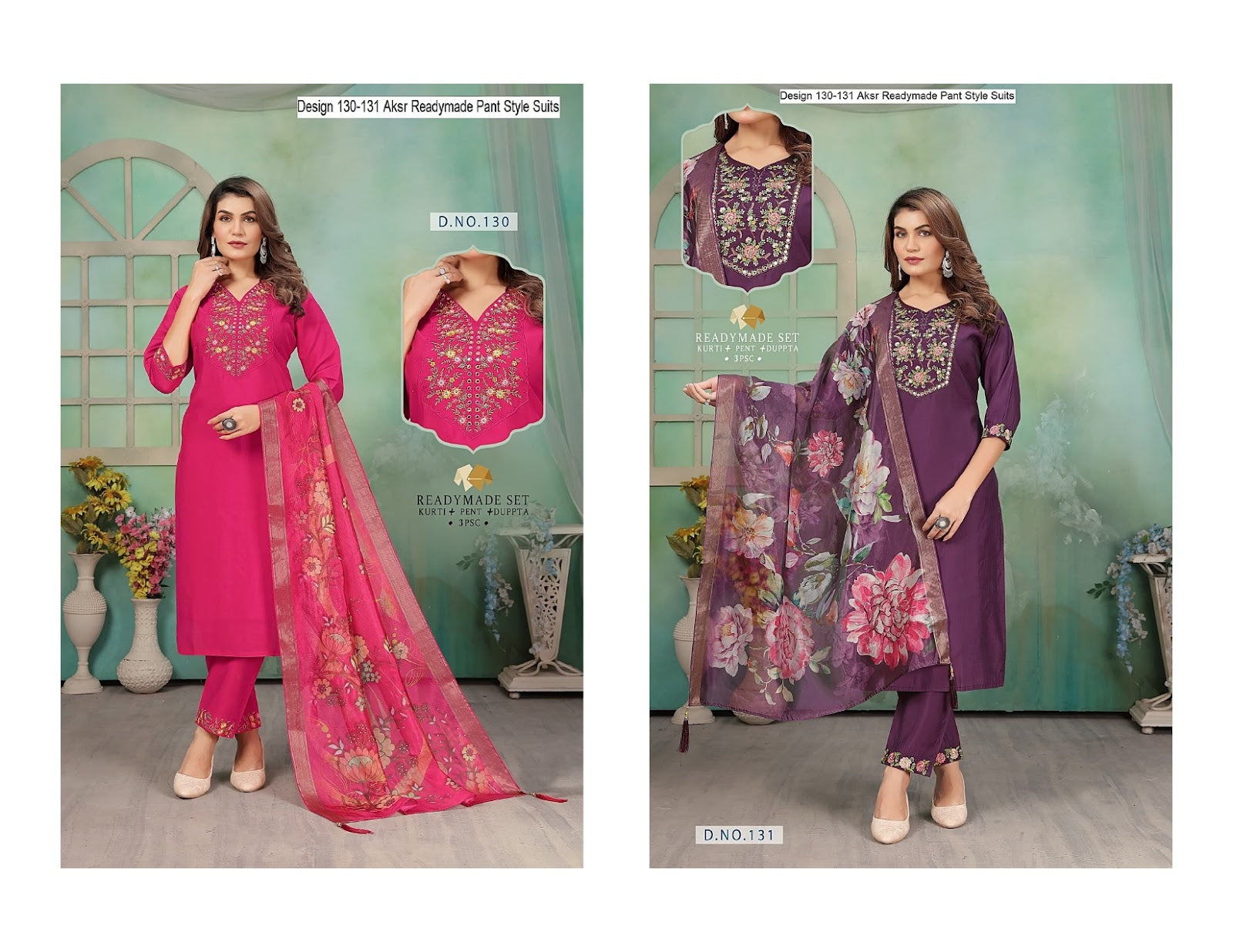 Design 130-131 Aksr Roman Silk Readymade Pant Style Suits Manufacturer Gujarat