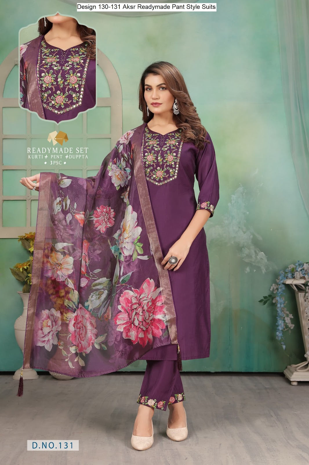 Design 130-131 Aksr Roman Silk Readymade Pant Style Suits Manufacturer Gujarat