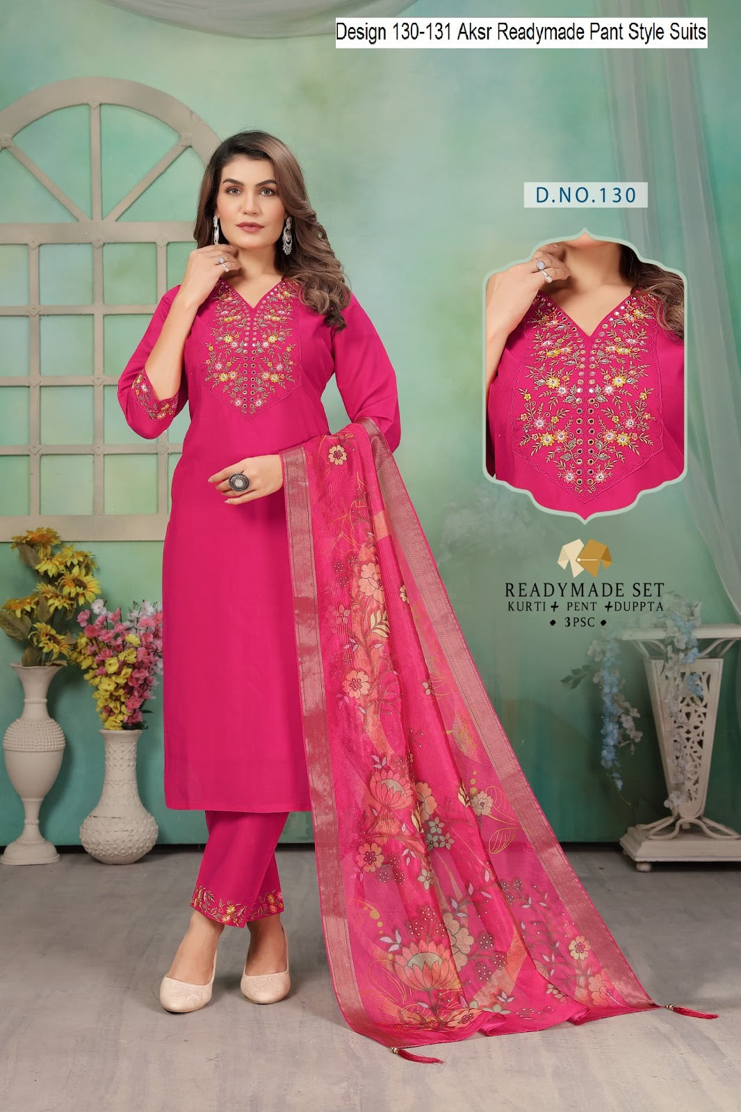 Design 130-131 Aksr Roman Silk Readymade Pant Style Suits Manufacturer Gujarat