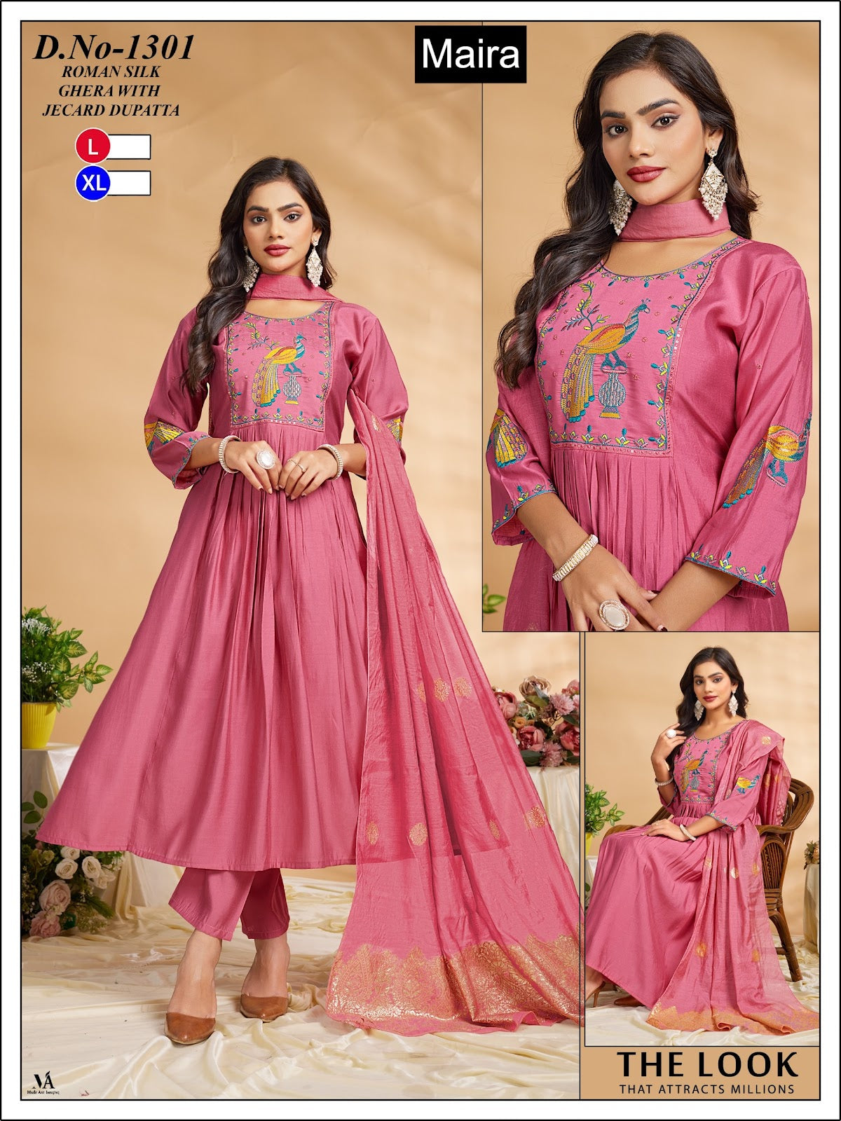 Design 1301-1306 Maira Roman Silk Readymade Anarkali Suits Exporter Ahmedabad