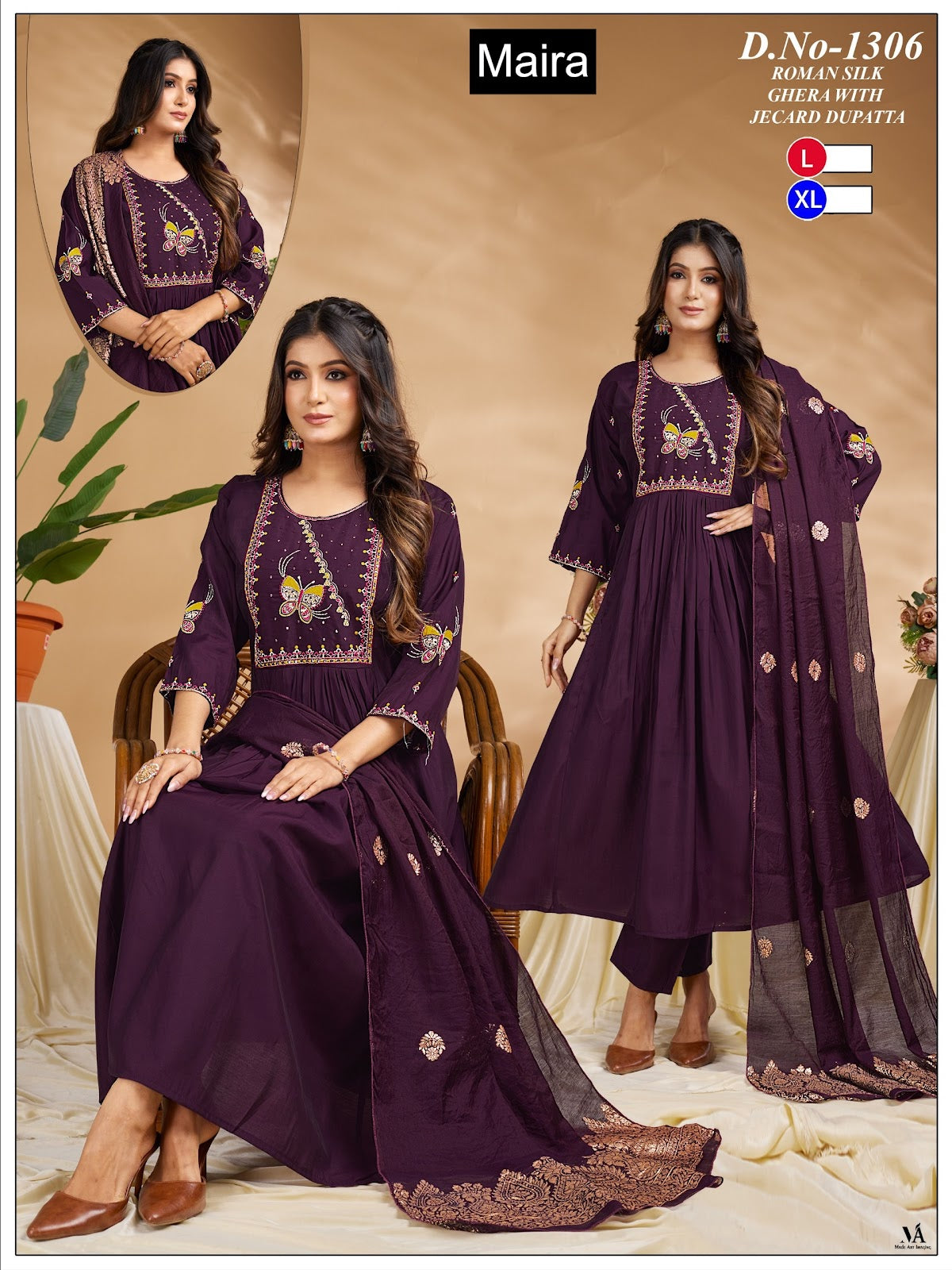 Design 1301-1306 Maira Roman Silk Readymade Anarkali Suits Exporter Ahmedabad