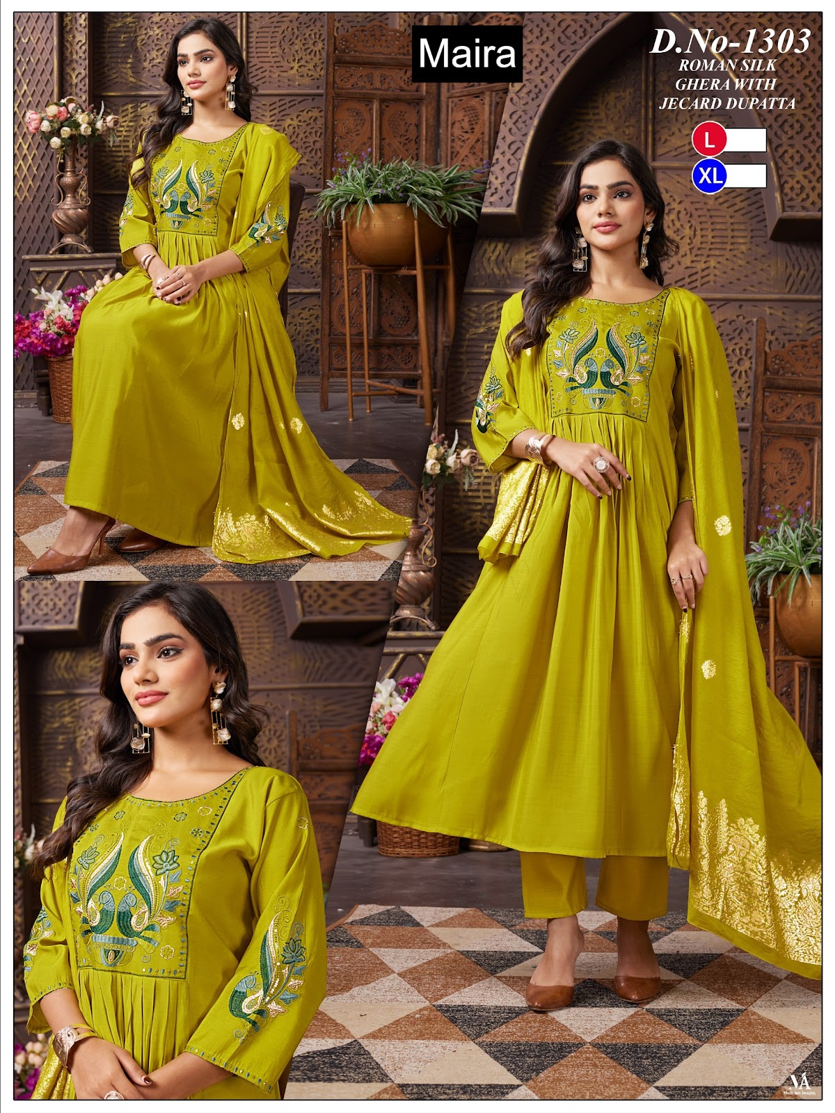 Design 1301-1306 Maira Roman Silk Readymade Anarkali Suits Exporter Ahmedabad