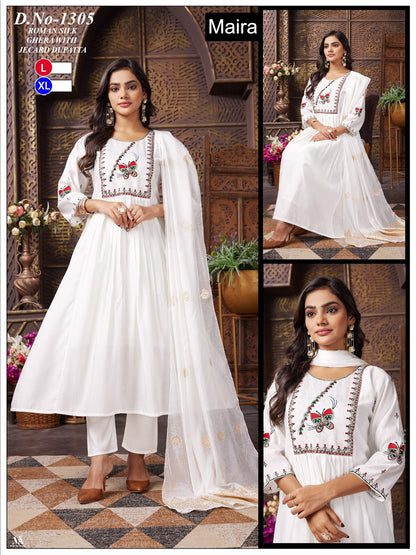 Design 1301-1306 Maira Roman Silk Readymade Anarkali Suits Exporter Ahmedabad