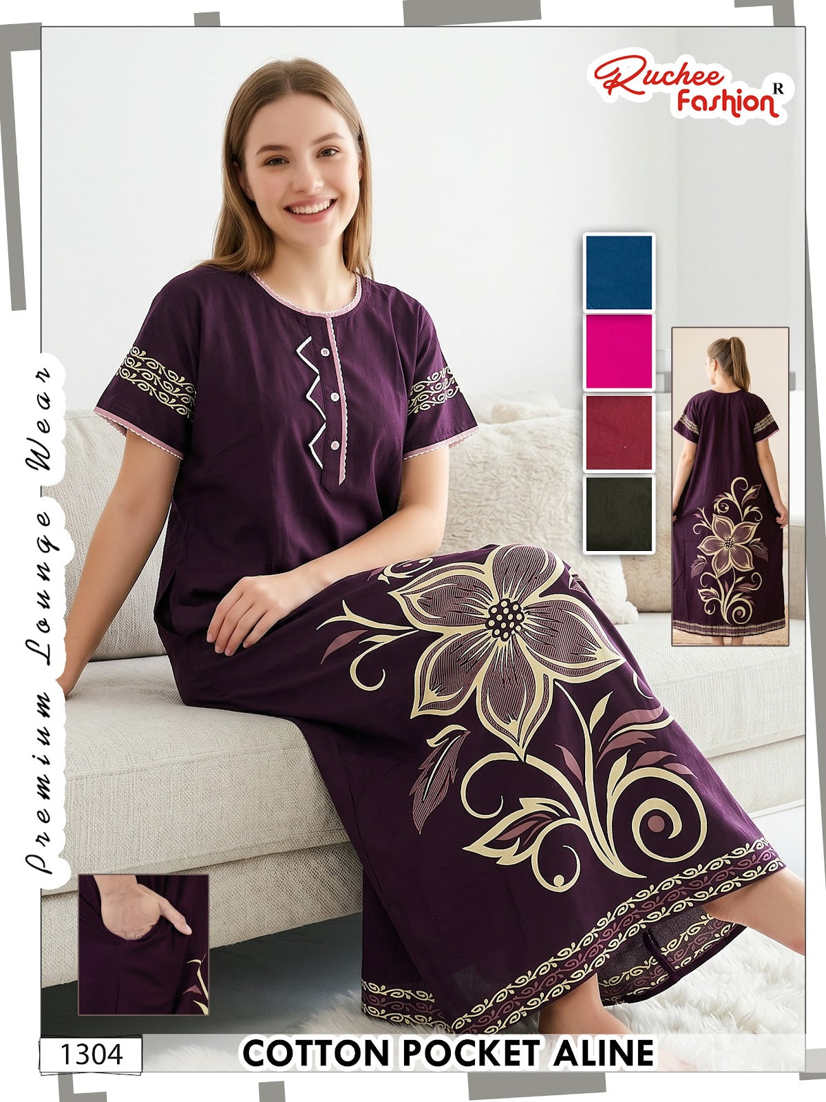 Design 1302-1309 Ruchee Fashion Cotton Night Gowns Manufacturer Gujarat