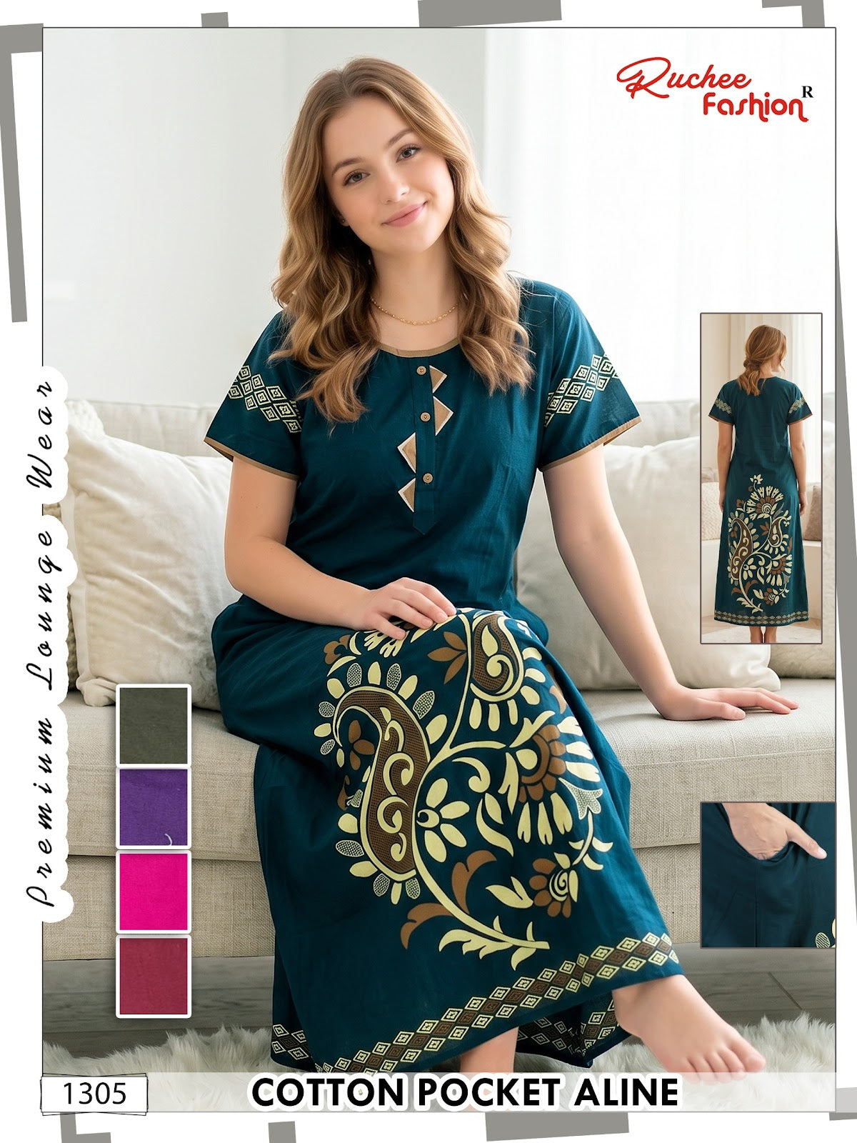 Design 1302-1309 Ruchee Fashion Cotton Night Gowns Manufacturer Gujarat