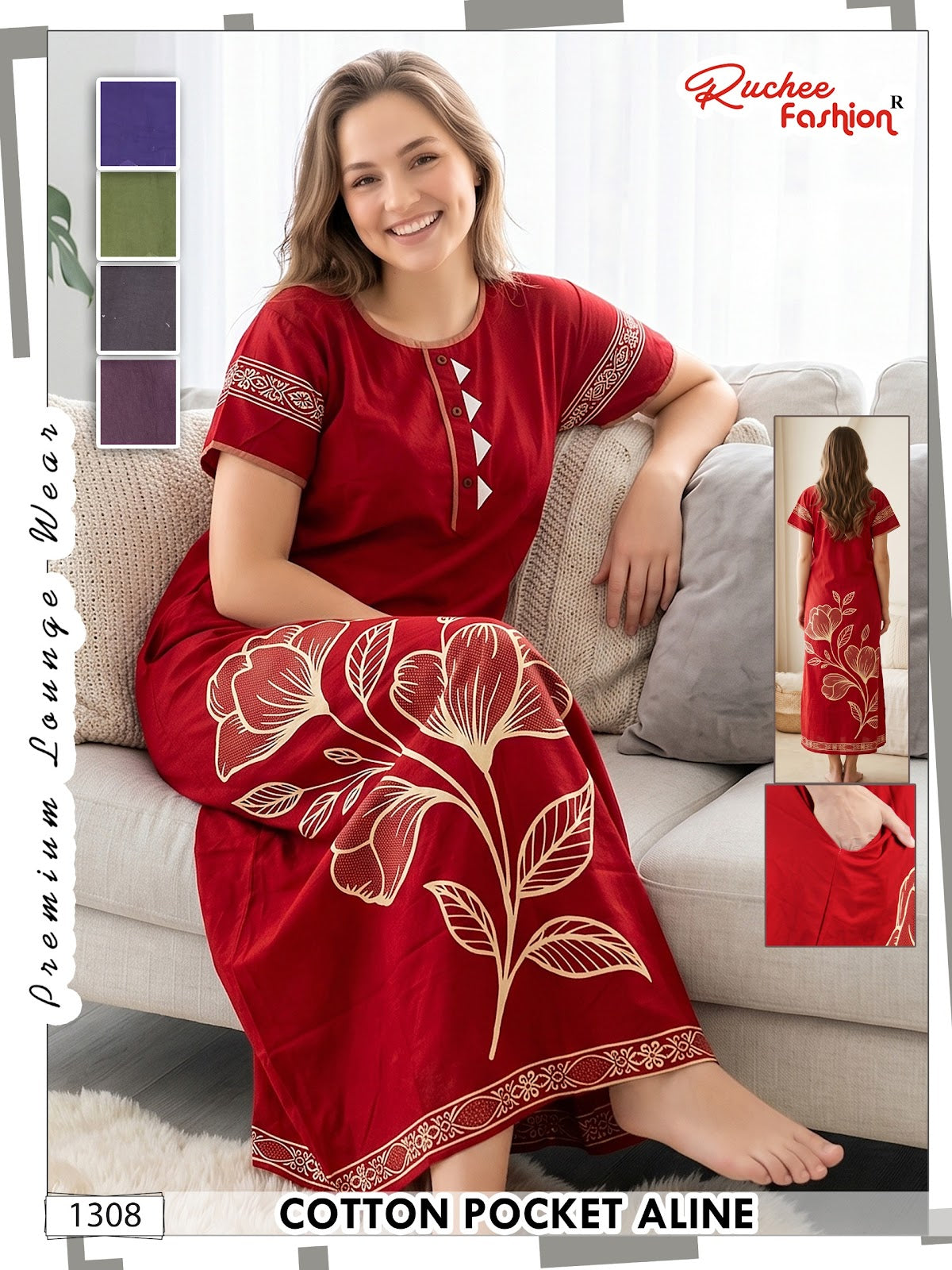 Design 1302-1309 Ruchee Fashion Cotton Night Gowns Manufacturer Gujarat