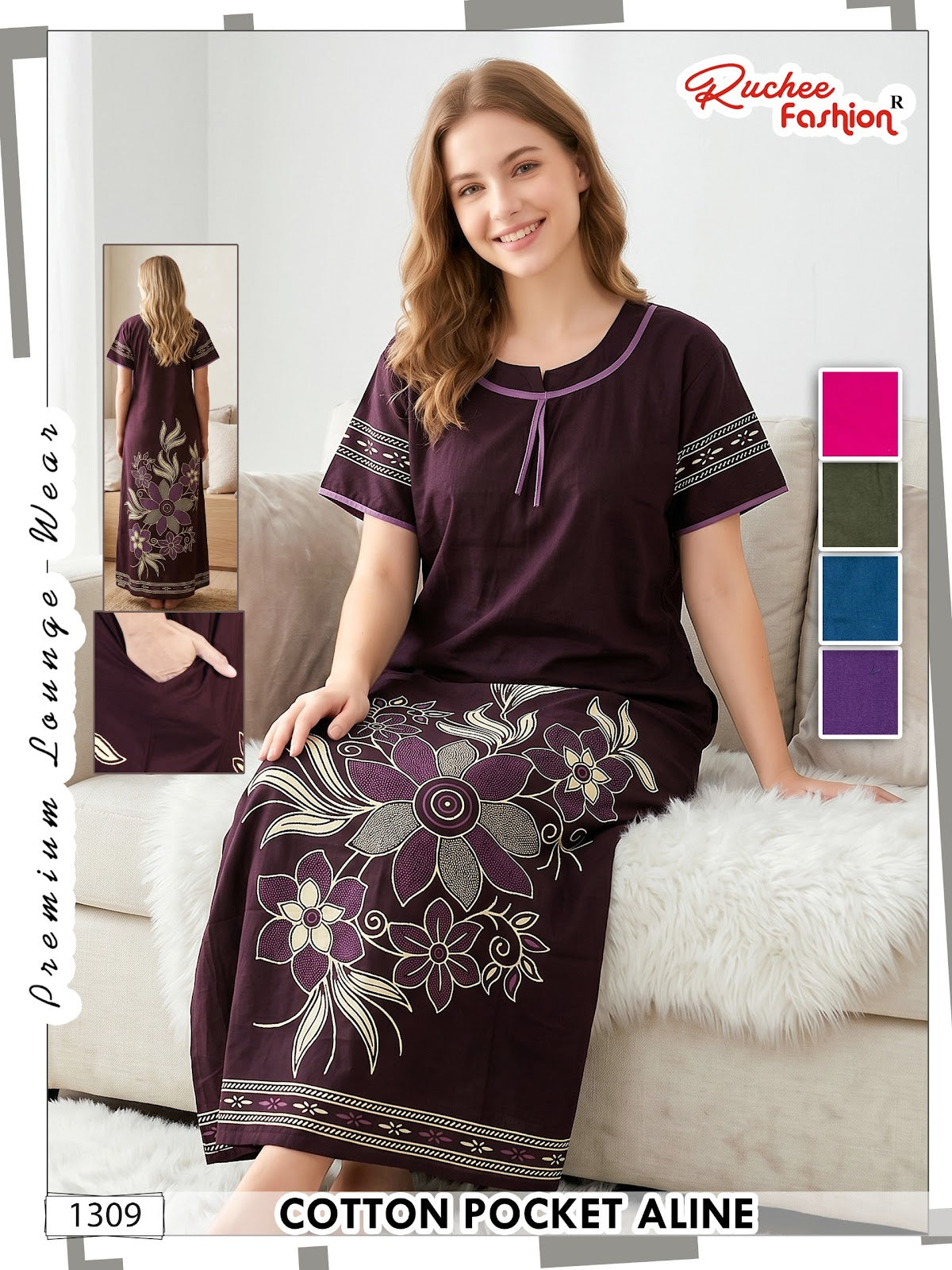 Design 1302-1309 Ruchee Fashion Cotton Night Gowns Manufacturer Gujarat