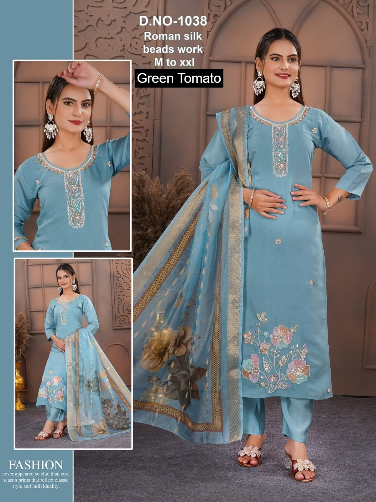 Design 130326 Green Tomato Roman Silk Readymade Pant Style Suits Manufacturer