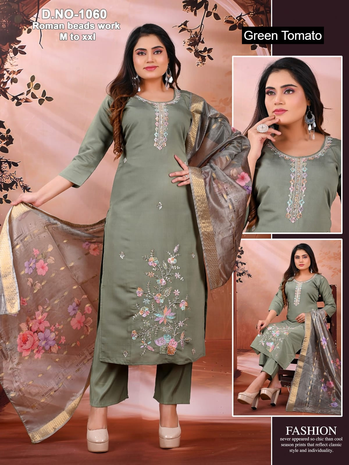 Design 130326 Green Tomato Roman Silk Readymade Pant Style Suits Manufacturer