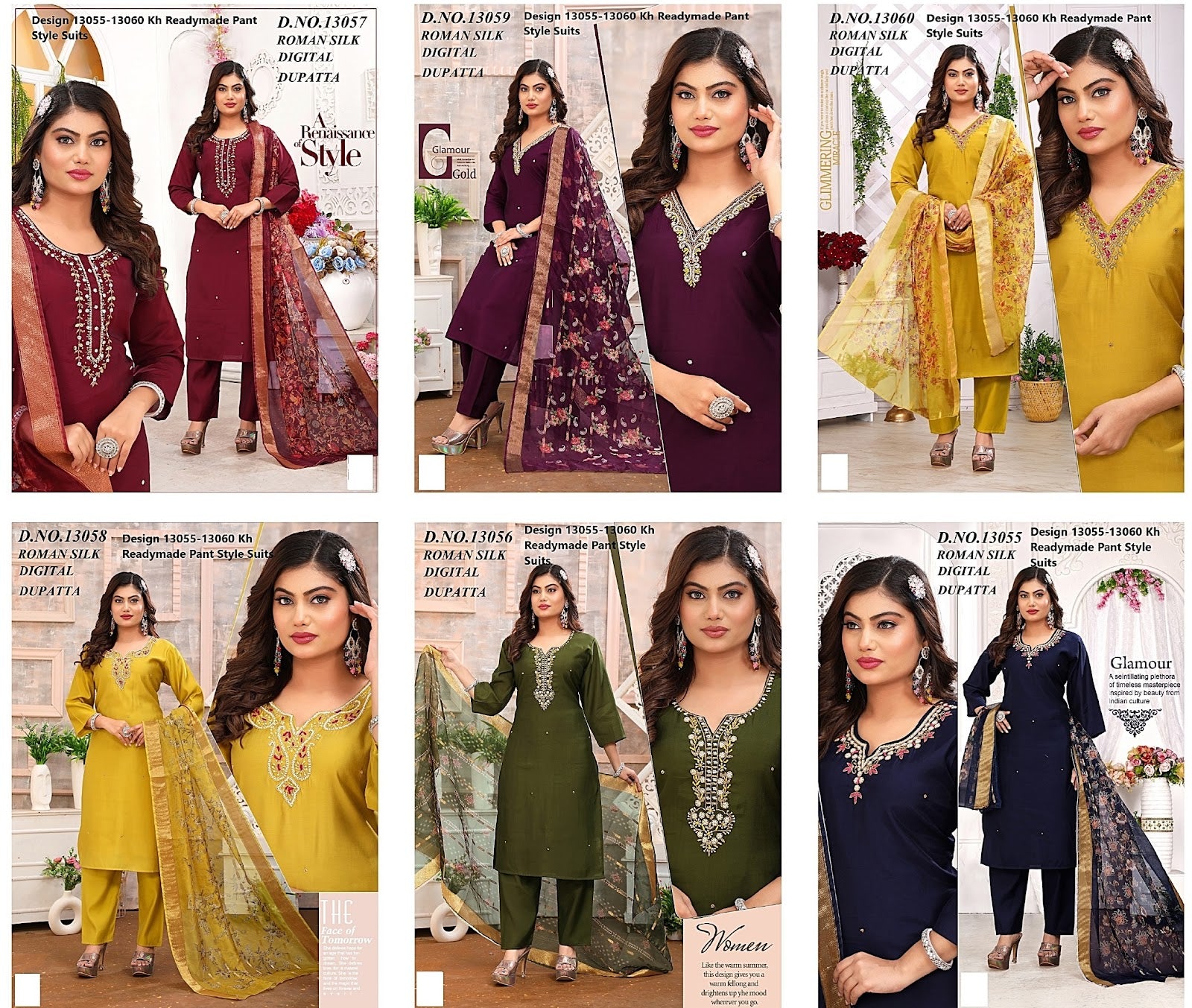 Design 13055-13060 Kh Roman Silk Readymade Pant Style Suits Manufacturer