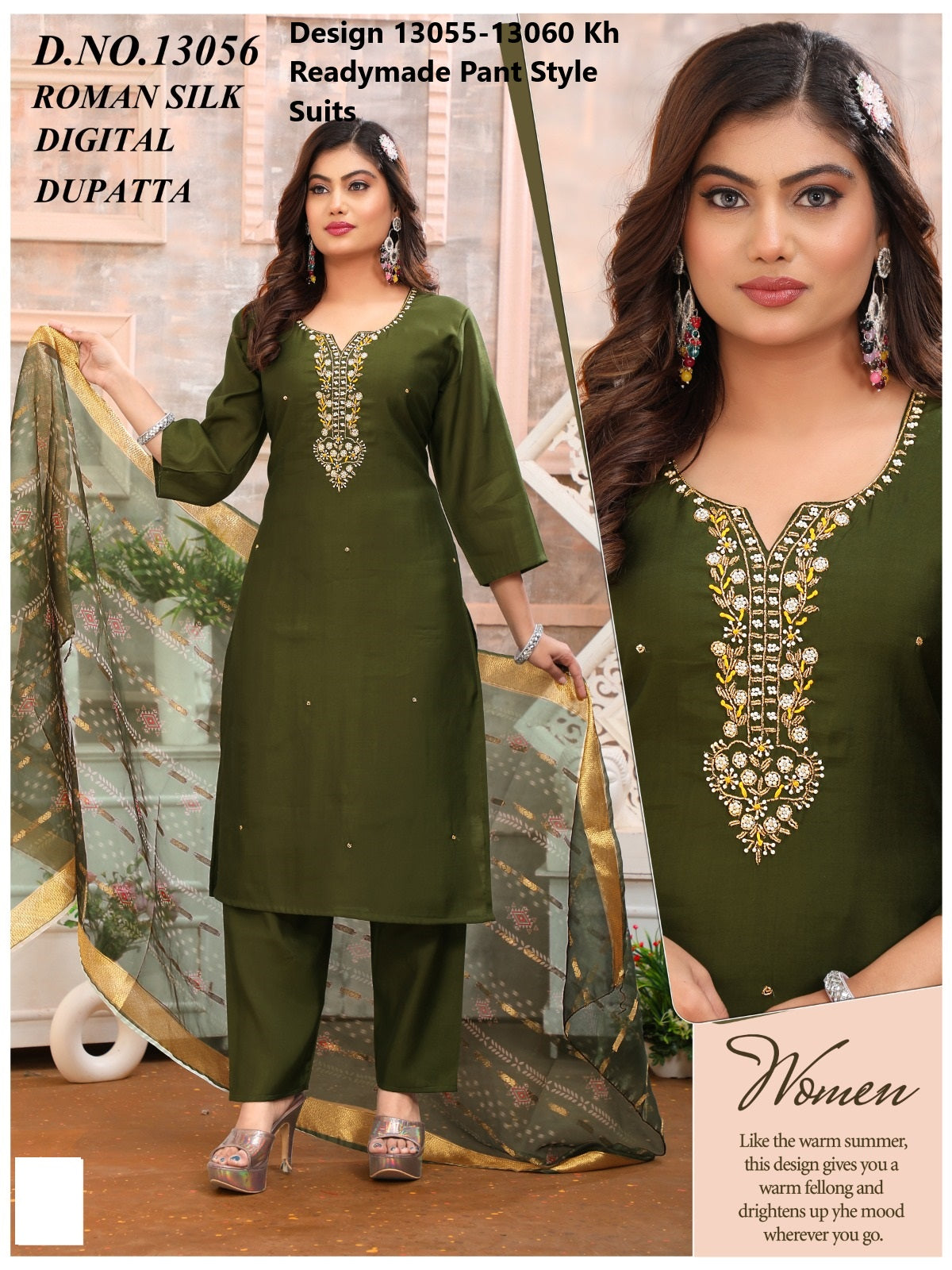 Design 13055-13060 Kh Roman Silk Readymade Pant Style Suits Manufacturer