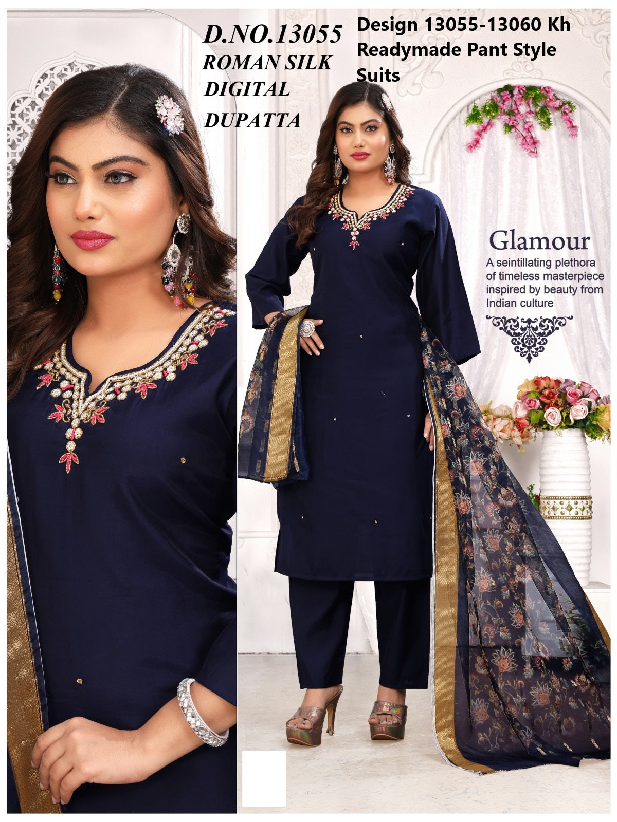 Design 13055-13060 Kh Roman Silk Readymade Pant Style Suits Manufacturer