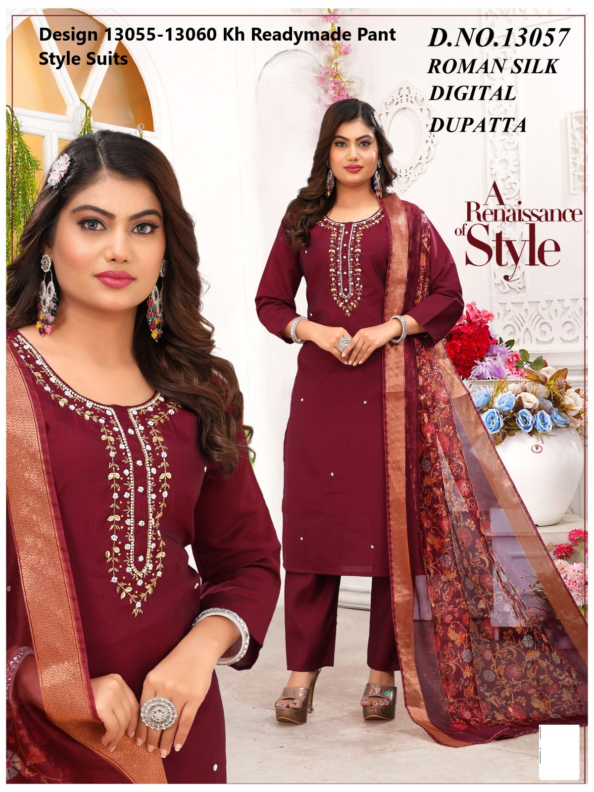 Design 13055-13060 Kh Roman Silk Readymade Pant Style Suits Manufacturer