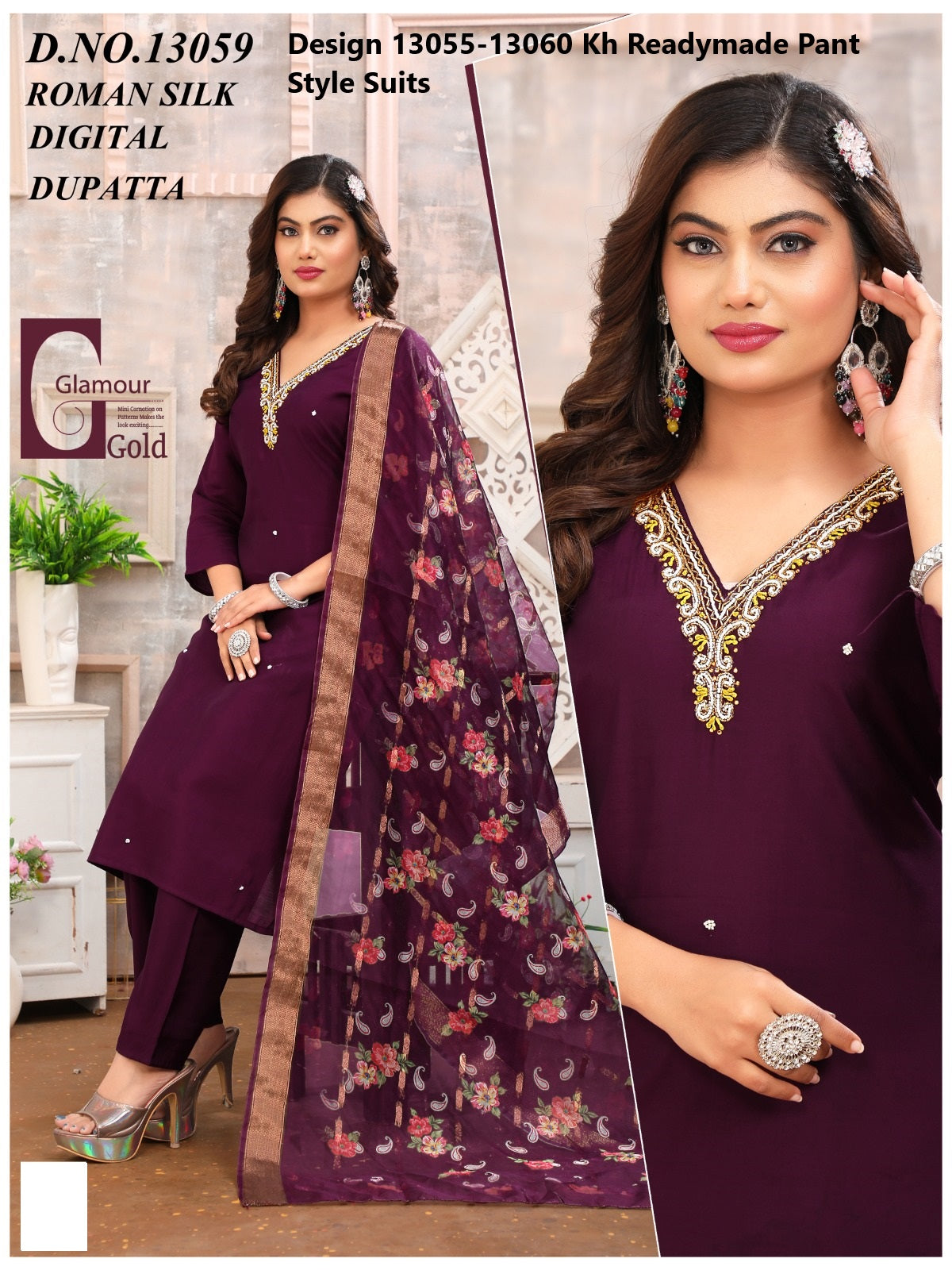 Design 13055-13060 Kh Roman Silk Readymade Pant Style Suits Manufacturer