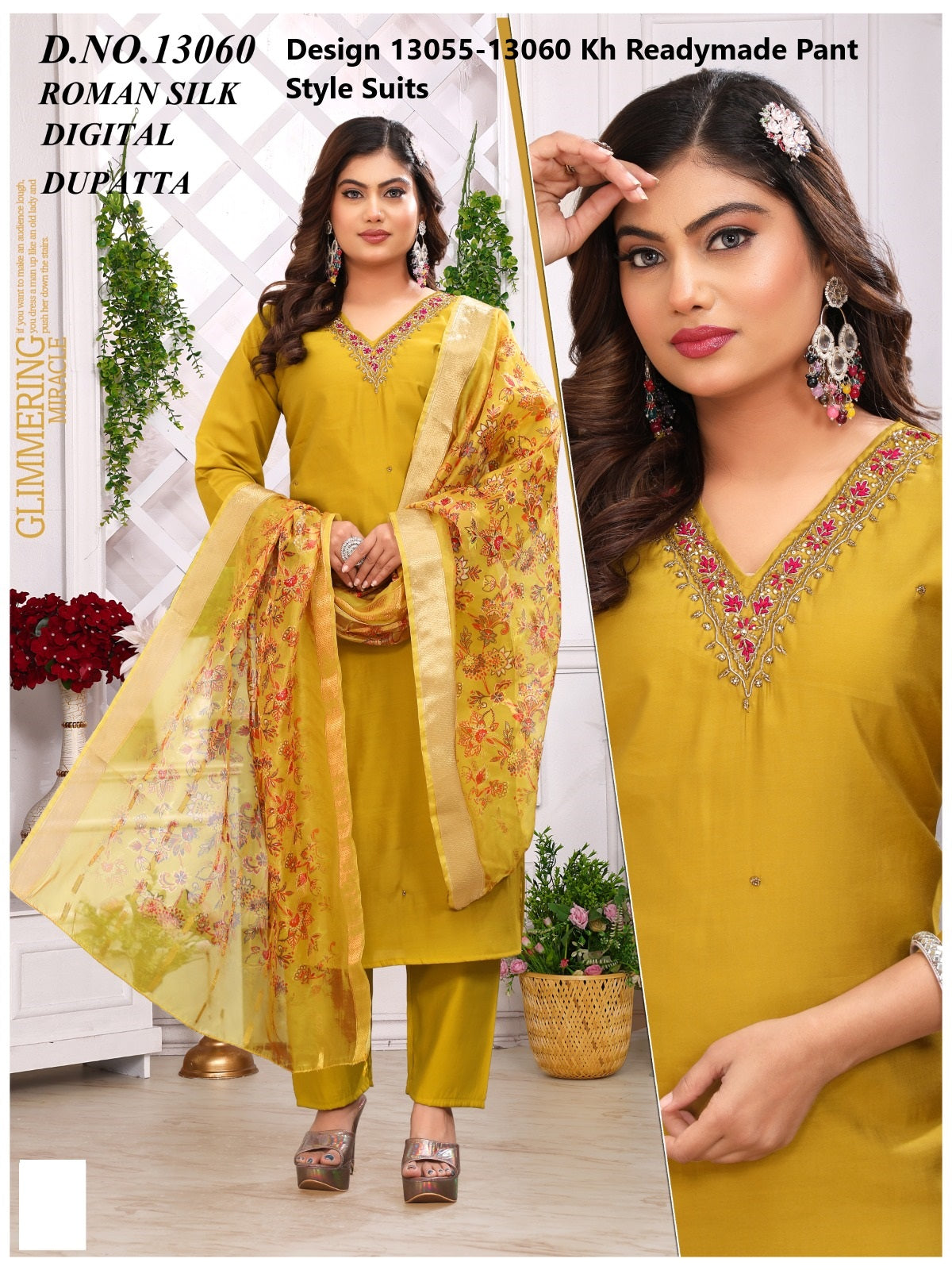 Design 13055-13060 Kh Roman Silk Readymade Pant Style Suits Manufacturer