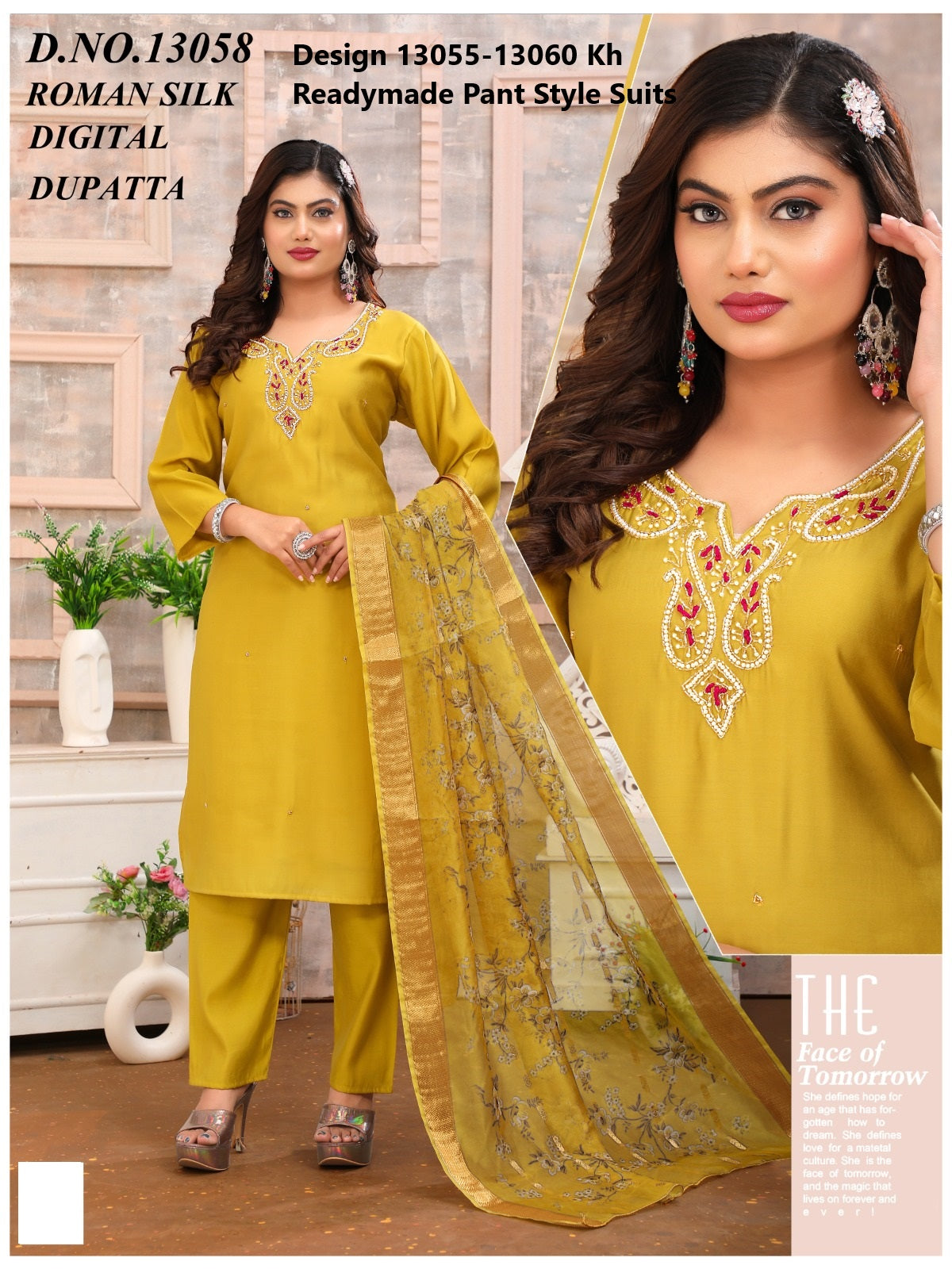 Design 13055-13060 Kh Roman Silk Readymade Pant Style Suits Manufacturer