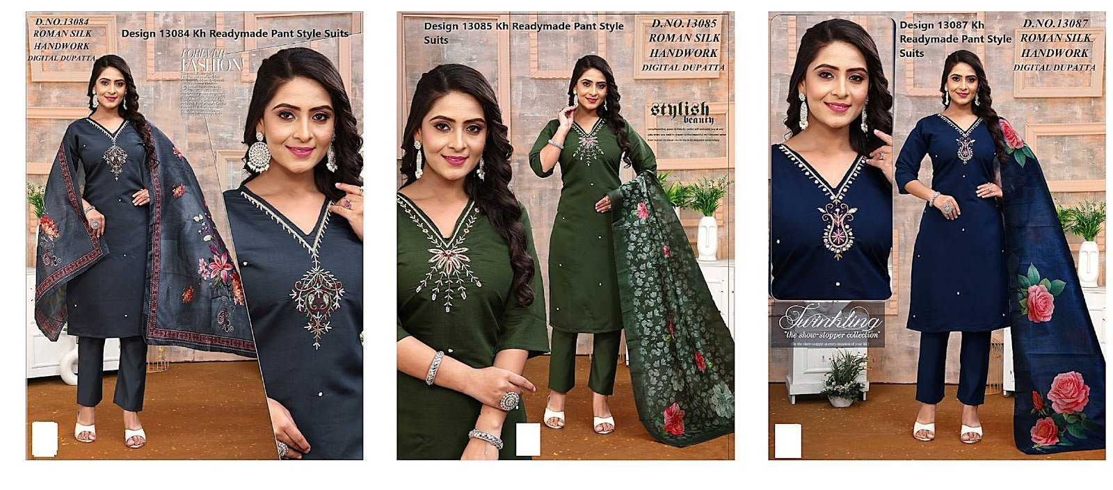 Design 13084-13087 Kh Roman Silk Readymade Pant Style Suits Wholesale