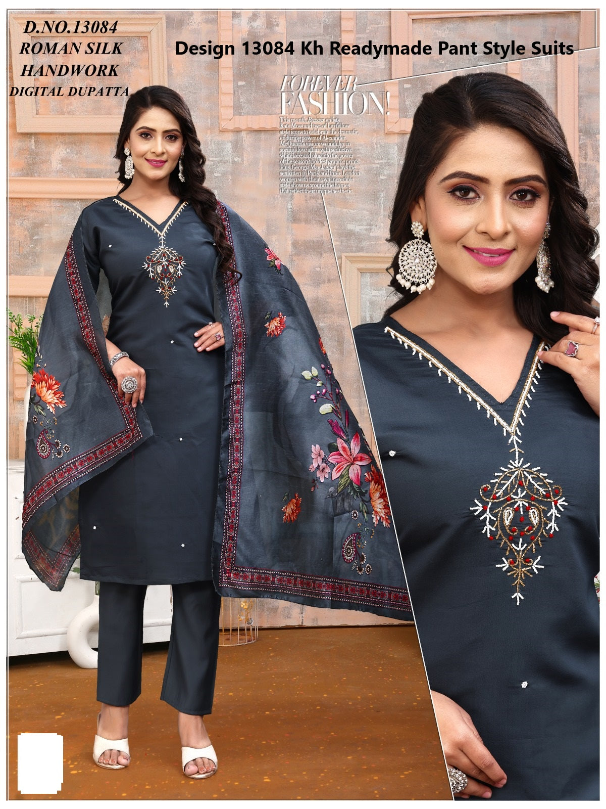 Design 13084-13087 Kh Roman Silk Readymade Pant Style Suits Wholesale