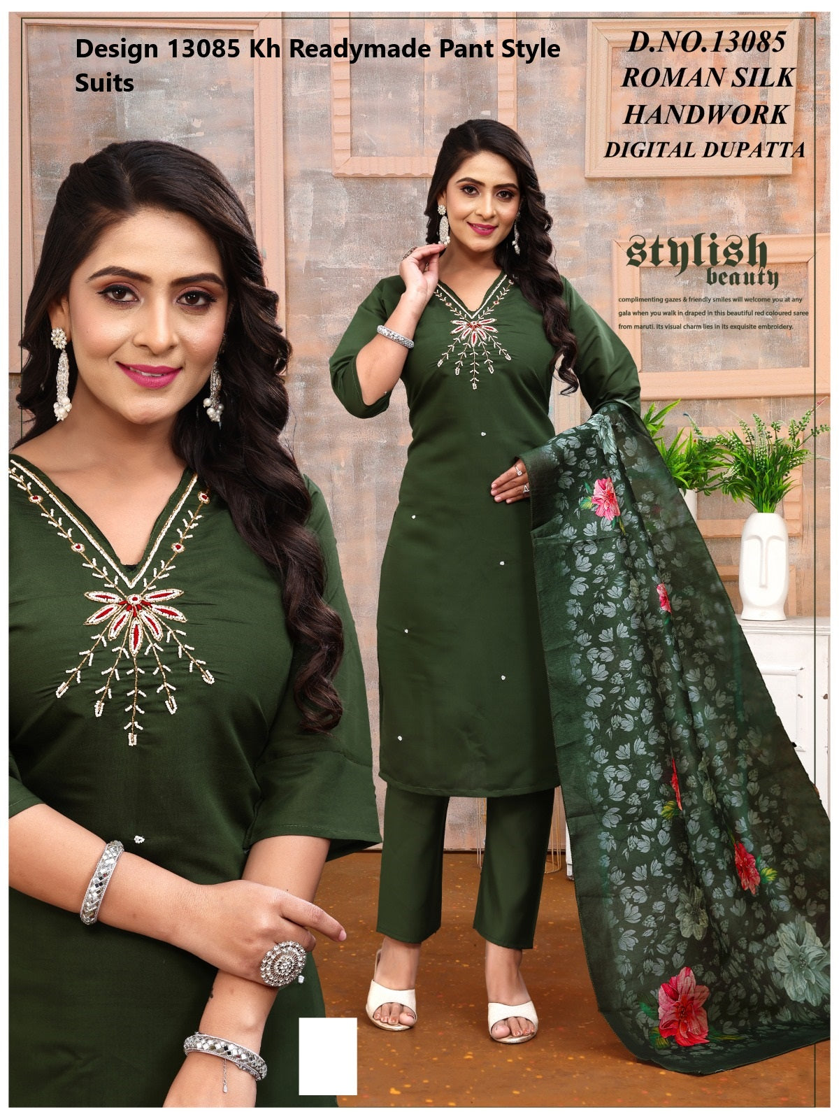 Design 13084-13087 Kh Roman Silk Readymade Pant Style Suits Wholesale