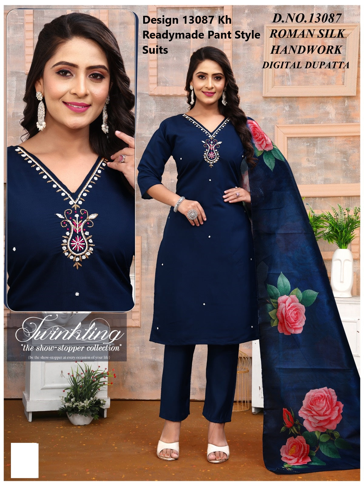 Design 13084-13087 Kh Roman Silk Readymade Pant Style Suits Wholesale