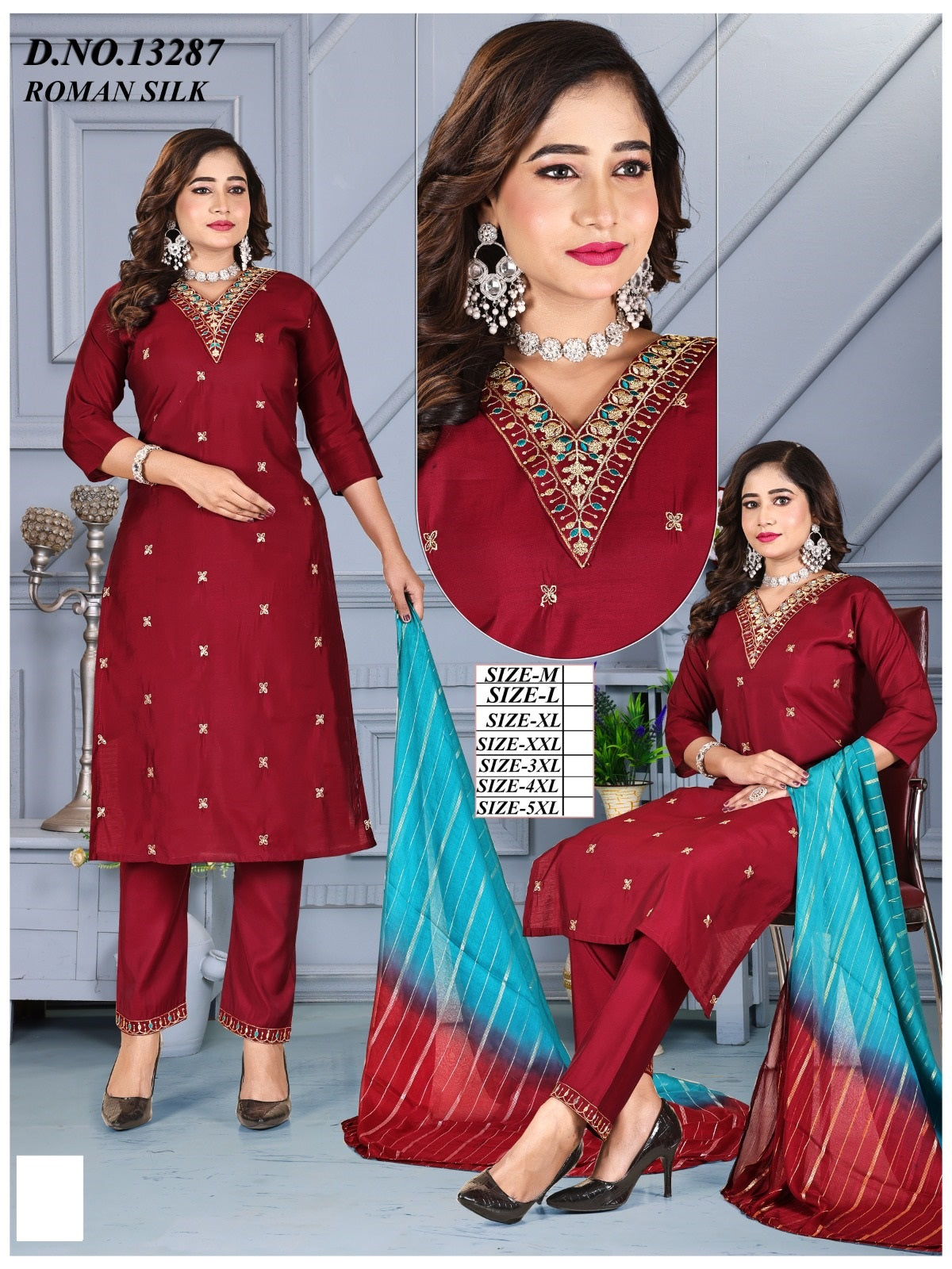 Design 13286-13289 Kh Roman Silk Readymade Pant Style Suits Wholesale Price