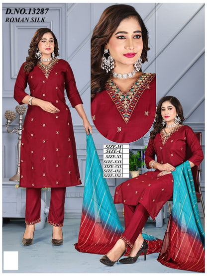 Design 13286-13289 Kh Roman Silk Readymade Pant Style Suits Wholesale Price