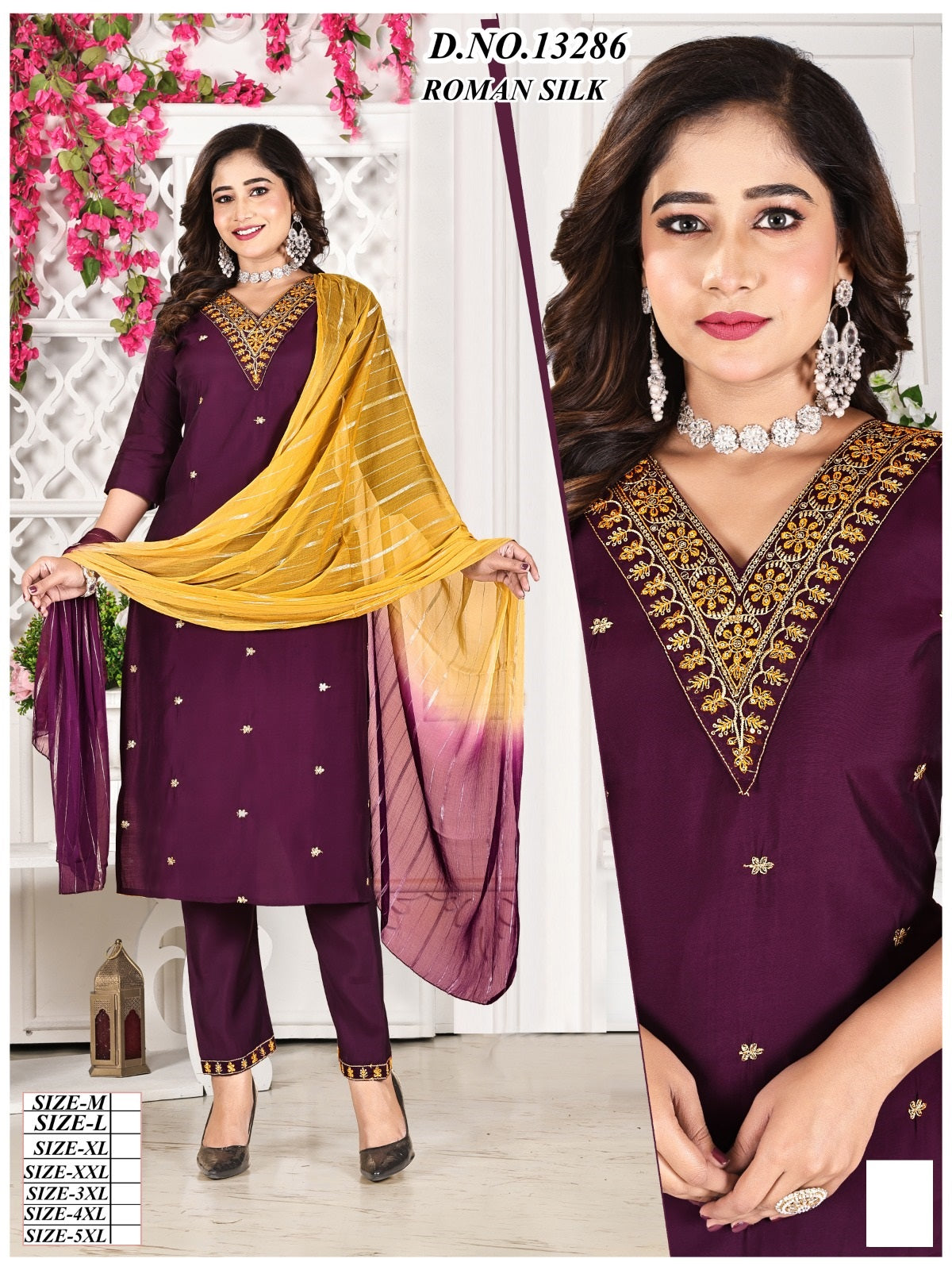 Design 13286-13289 Kh Roman Silk Readymade Pant Style Suits Wholesale Price