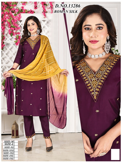 Design 13286-13289 Kh Roman Silk Readymade Pant Style Suits Wholesale Price