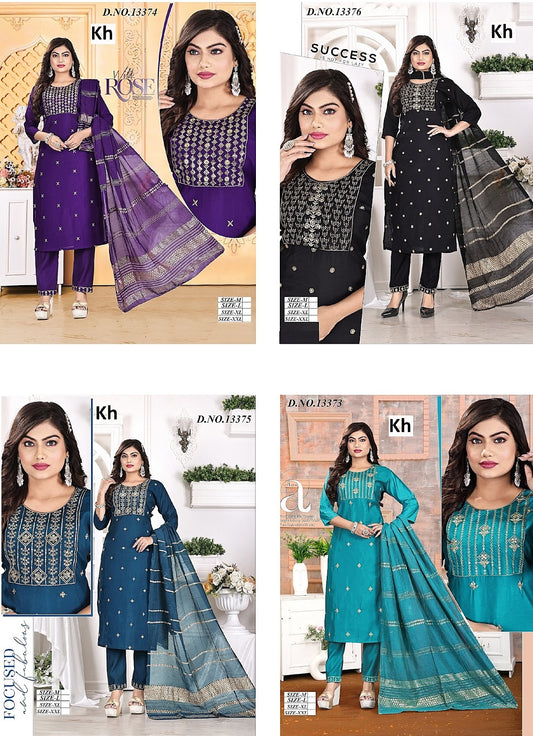Design 13373 To 13376 Kh Roman Silk Readymade Pant Style Suits Exporter Ahmedabad