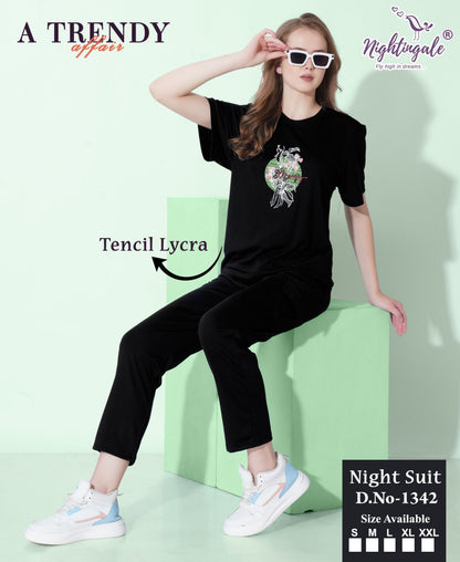 Design 1342 Cargo Pocket Nightingale Tencil Lycra Pyjama Night Suits Manufacturer Ahmedabad