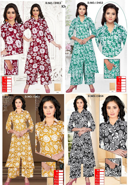 Design 13451-13454 Kh Reyon Kurti Plazzo Set Exporter Gujarat