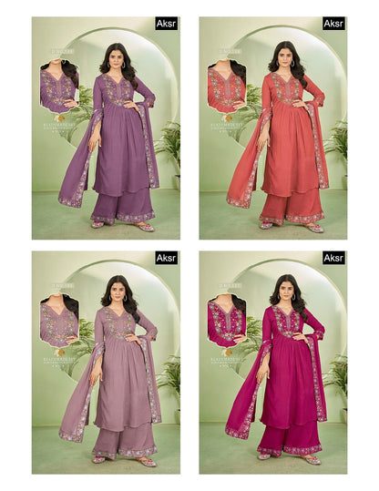 Design 137-140 Aksr Chinon Readymade Plazzo Style Suits Wholesale