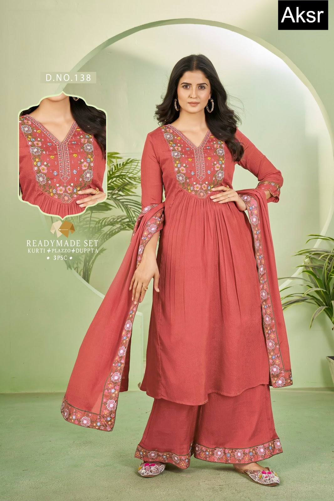 Design 137-140 Aksr Chinon Readymade Plazzo Style Suits Wholesale