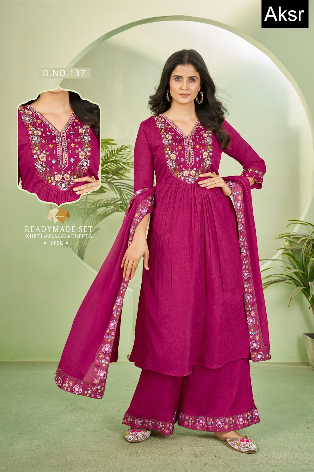 Design 137-140 Aksr Chinon Readymade Plazzo Style Suits Wholesale