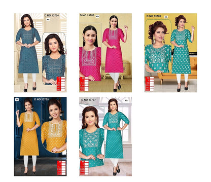 Design 13703-13707 Kh Reyon Straight Cut Kurtis Supplier