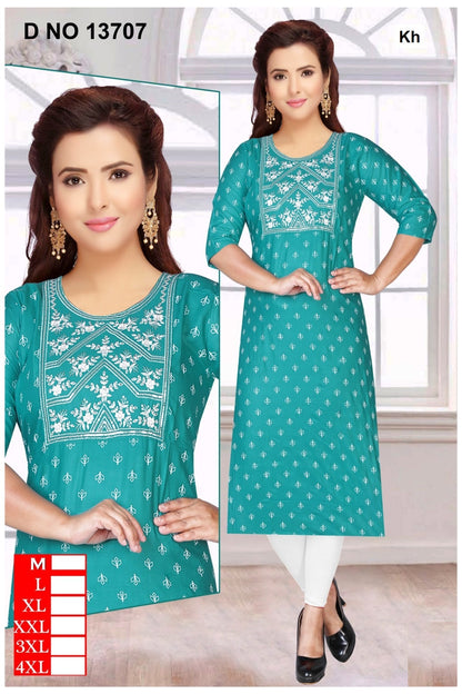 Design 13703-13707 Kh Reyon Straight Cut Kurtis Supplier